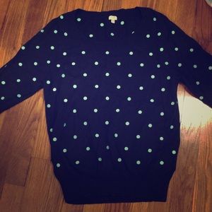 Navy 3/4 sweater w mint embroidered polka dots